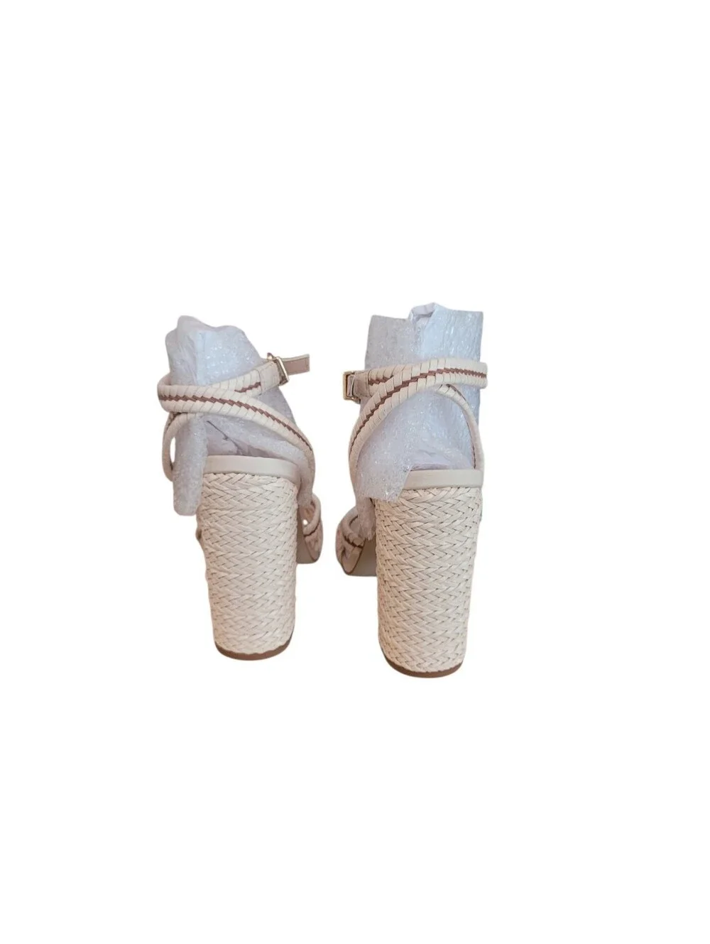 New Steve Madden Beige Knotted Woven Block Heel Sandals Ankle Strap 9.5 Leather